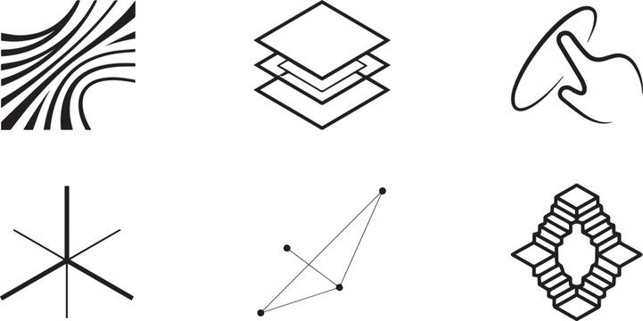 Abstract Tech Icon Set, Minimalist Geometric UI Symbols, Black Line Art Data and Network Graphics Isolated