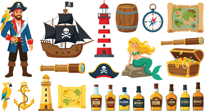 "Colorful pirate adventure vector illustration featuring ship, treasure chest, parrot, mermaid, rum bottles, and nautical elements"
