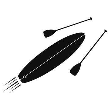 Minimalist Stand Up Paddleboard and Oars Vector Illustration &ndash; Flat Black Silhouette Icon of SUP Board with Paddles and Speed Lines for Summer Water Sports and Outdoor Activities