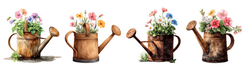 Watering cans illustrating a collection of rustic metal and wooden vessels filled with vibrant blooming flowers, creating a spring bouquet concept for gardening and home decor © Narin