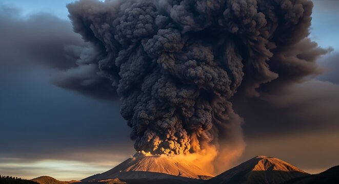 Volcanic eruption with smoke and flames.