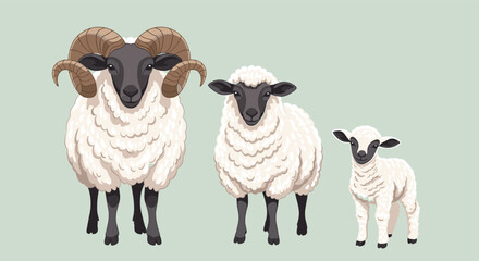 Fototapeta premium Family of sheep including a ram with impressive curved horns, an ewe, and a small lamb stands together on a soft green background.
