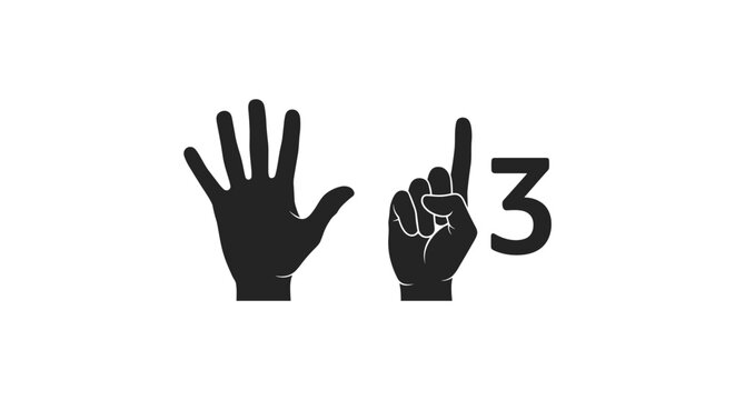 Detailed silhouette of hands gesturing numbers five and one positioned next to digit three on plain white background.