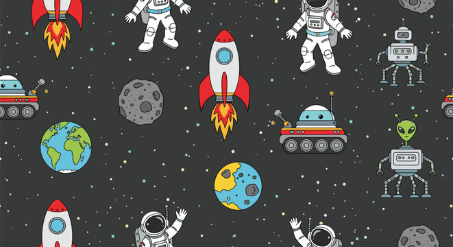 Fun space exploration pattern featuring astronauts, rockets, planets, and robots on a dark grey background with many stars.