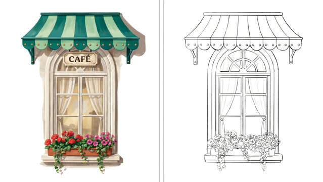 Vintage ice cream shop storefront with striped awning and decorative window display Vector