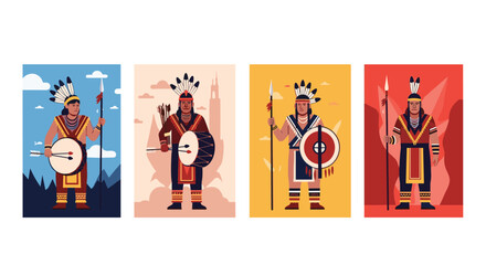 Fototapeta premium Set of four illustrated cards depicting traditional Native American warriors with feathers, spears, drums, and shields.