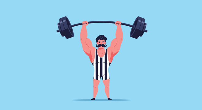 Strong circus athlete with a large black mustache successfully lifts a heavy barbell over his head against a solid blue background.