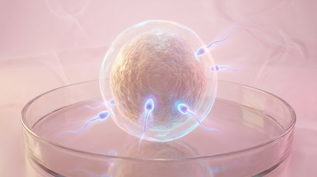 Rendu 3D d&eacute;taill&eacute; du processus de f&eacute;condation in vitro (FIV). Plusieurs spermatozo&iuml;des lumineux p&eacute;n&eacute;trant un ovule humain &agrave; l'int&eacute;rieur d'une bo&icirc;te de Petri en verre. Concept de procr&eacute;ation m&eacute;dicaleme