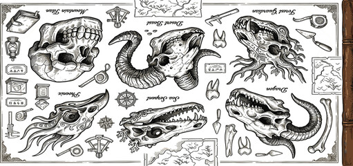 Fantasy monster skull archaeology vector element set featuring dragon ram serpent titan bone fossils hand drawn explorer maps and vintage paleontology research symbols © Sukhi