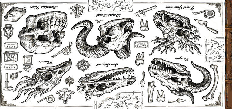 Fantasy monster skull archaeology vector element set featuring dragon ram serpent titan bone fossils hand drawn explorer maps and vintage paleontology research symbols