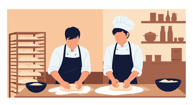 Two professional bakers in white uniforms and aprons kneading dough on a wooden table in a traditional bakery with fresh bread racks.