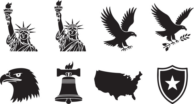 Vector icons of statue of liberty, eagle, bell, and texas map
