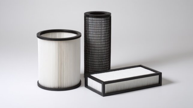 Various shapes of air and dust filters with pleated surfaces and black frames displayed on a white background for industrial and home use