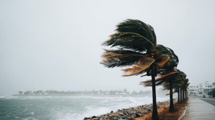 Obraz premium Powerful tropical storm winds bend palm trees along a wild coastal shoreline. Heavy rain and rough ocean waves create a dramatic, ultra-realistic weather scene.