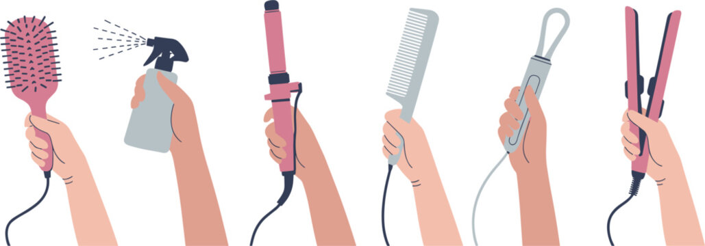 Hair styling tools collection, beauty salon equipment in hands, flat cosmetic accessories vector illustration isolated set