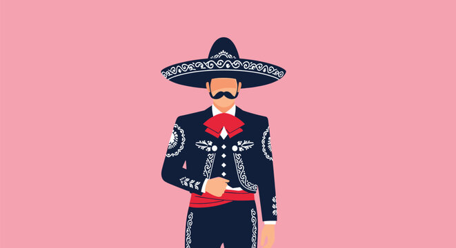 Portrait of a Mexican man in a traditional charro outfit featuring an embroidered sombrero, jacket, and red bow tie against a pink background.