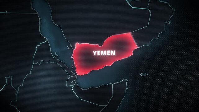 Digital map of the Middle East with a glowing red pulsating highlight on Yemen. Modern high-tech geopolitical graphic ideal for widescreen news broadcasts and documentary presentations.

