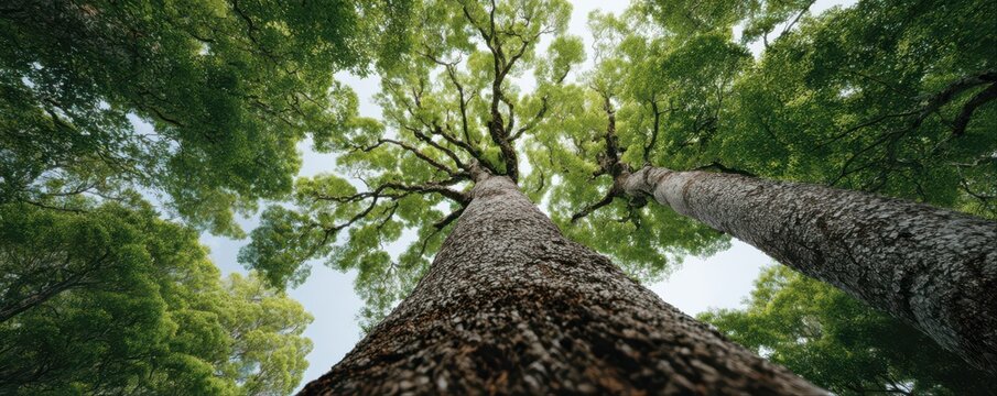 Ultra detailed forest scene looking straight up through towering tree trunks and lush green canopy. Sunlight streams through leaves, highlighting textured bark in this majestic wilderness.