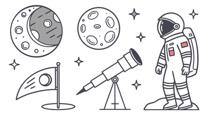 Minimalist outer space exploration vector set featuring astronaut telescope and celestial planets © Adelia