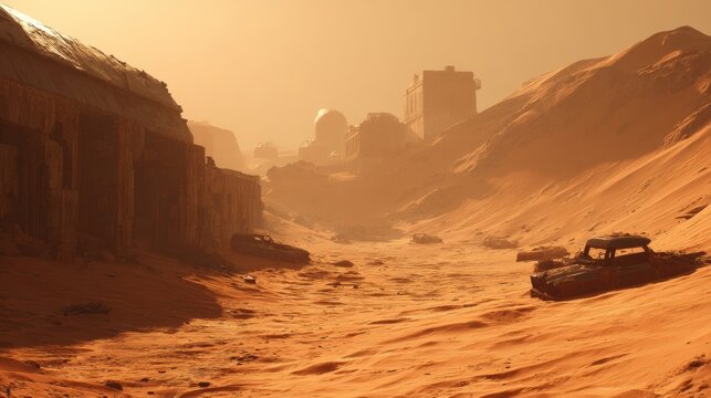 A desolate Martian landscape with abandoned structures and vehicles under a dusty orange sky