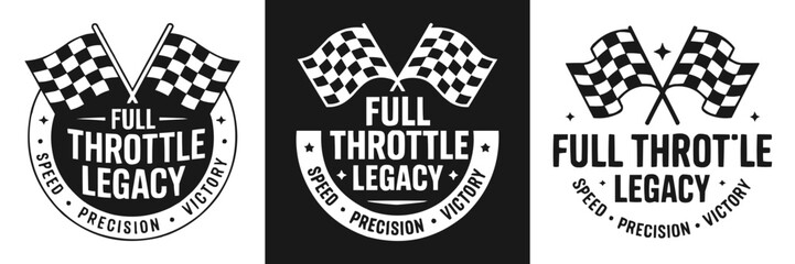 Three monochrome racing emblem designs with checkered flags and bold text © Vectyx
