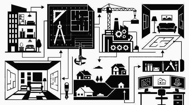 Architecture, home design, interior design, blueprint - Innovative Architectural Flowchart Illustrating Design, Construction, and Home Interior