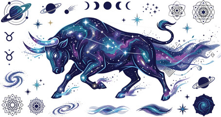 Taurus zodiac sign vector element set with cosmic galaxy bull celestial stars moon phases planets constellation symbols and mystical horoscope geometry designs © Sukhi