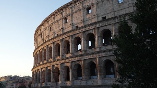 Rome, Italy - March 18, 2026: Close Up View of the Roman Colosseum at Sunrise. Early Morning Warm Light Tree in Edge of Frame Travel Tourism