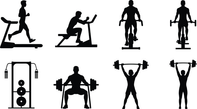 Gym workout silhouettes collection featuring athletes running on treadmill cycling weightlifting and squatting isolated on white background