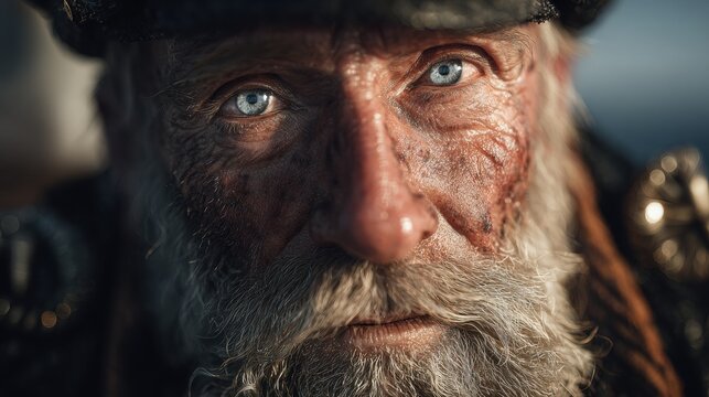 Close-up portrait of an elderly man with piercing blue eyes, weathered skin, and a distinguished gray beard, suggesting wisdom and experience