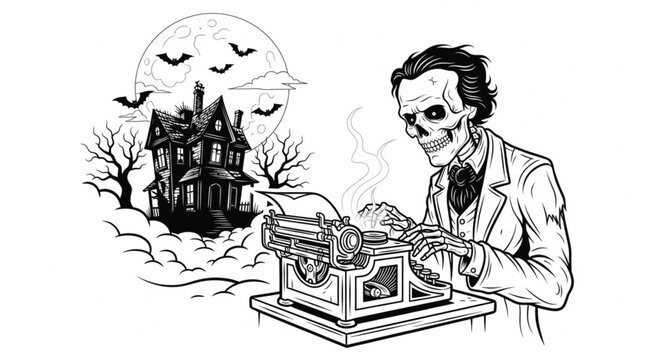 Man with skull face writing on typewriter.