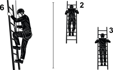 Man climbing ladder with safety harness line outline vector illustration set for industrial work instruction © MstSamima