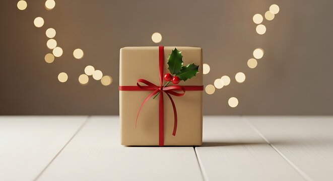 Wrapped gift box with red ribbon.