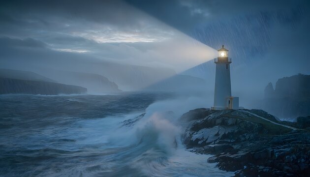 A classic white lighthouse standing on dramatic dark rocks casting a bright beam of light through a heavy rainstorm