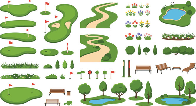 golf, course, sport, map, lawn, green, field, grass, bunker, path, road, pond, lake, water, tree, shrub, bush, bench, flag, 