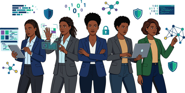 Black Female Tech Professionals Team Vector Illustration with Software Developers Data Engineers Cyber Security Experts and STEM Leaders Concept Graphics