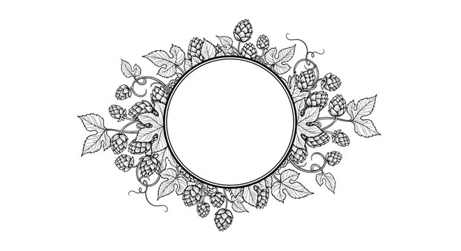 Hand drawn hop plant wreath design with leaves and cones creating a circular frame for botanical or brewery branding projects.