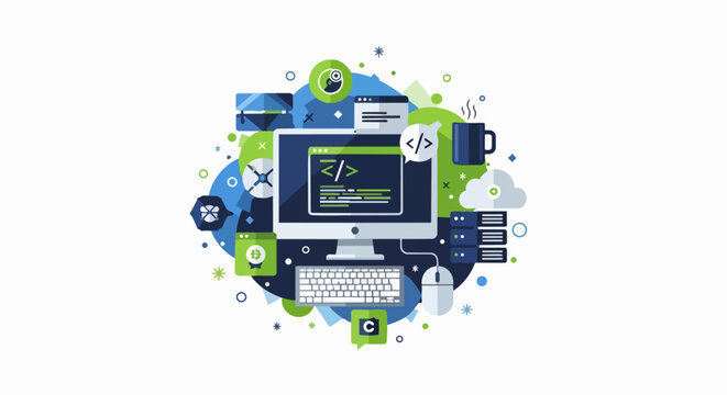 Software Development and Web Coding Concept Vector Illustration with Desktop Computer, Cloud Computing, Server, and Programming Symbols on White Background