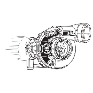 Turbocharger technical line art illustration with turbine and compressor details for automotive performance and engine tuning