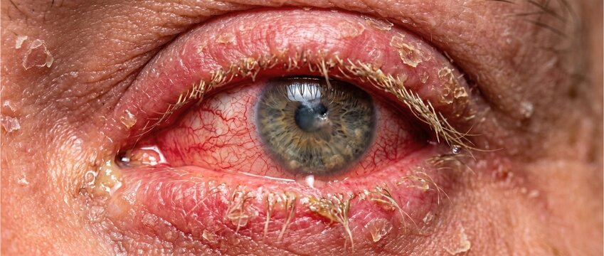 Medical illustration showing inflamed eye with red sclera, dry flaky eyelids, crusted skin, and debris on eyelashes