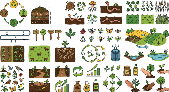 Organic agriculture and permaculture vector doodle set featuring compost piles, soil worms, crop rotation cycles, eco farming fields and sustainable gardening elements
