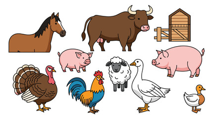 Fototapeta premium Collection of various colorful farm animals including a horse, cow, pig, sheep, turkey, rooster, goose, and duck on white background.