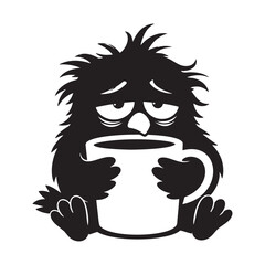 Fototapeta premium Tired cute bird character holding a big mug of hot coffee in a funny cartoon style Vector