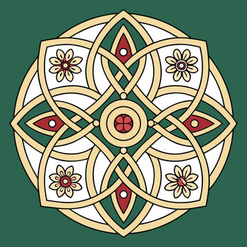 Islamic Arabic Geometric Mandala Vector Illustration with Floral Daisy Pattern on Green Background, Traditional Oriental Arabesque Decorative Ornament Circle Design