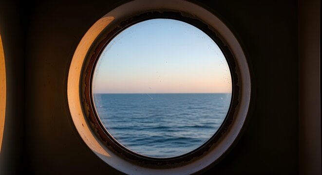 Ocean horizon view framed perfectly inside a round ship porthole window during a peaceful twilight evening cruise journey background