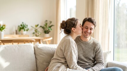 A woman affectionately kisses a man on the cheek while they relax together on a comfortable sofa in a bright, sunlit living room.