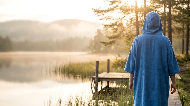 Person in a blue changing robe walks towards a serene lake at sunrise, with mist rising from the water and trees in the background.