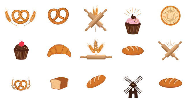 Bakery themed icon set featuring fresh bread, pretzels, croissants, cupcakes, rolling pins, and a traditional windmill symbol.