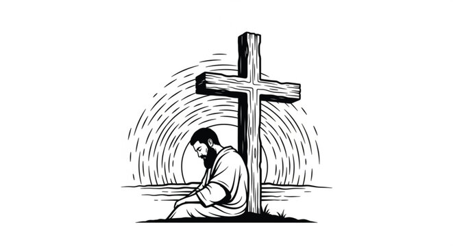 Man kneeling in prayer beside cross.