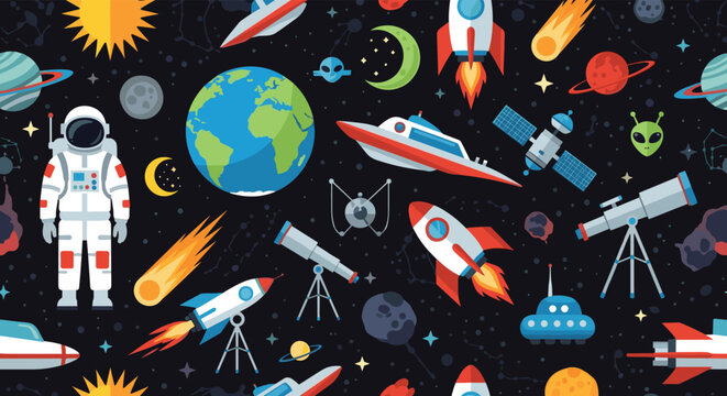 Outer space seamless pattern with astronauts, planets, rockets, satellites, and telescopes on a dark starry night background.
